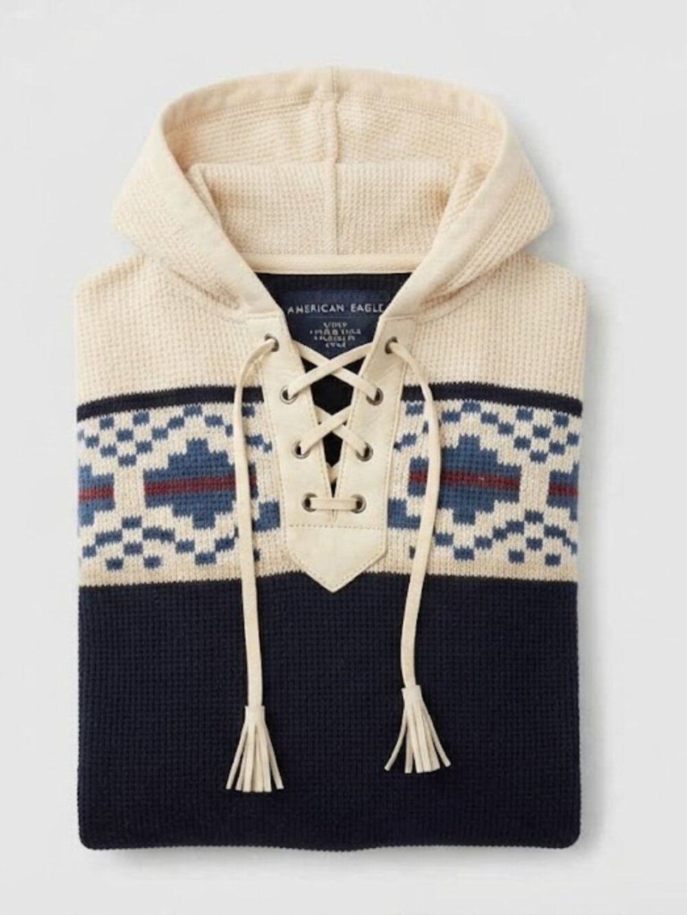 AE American Eagle Fair Isle Lace-Up Pullover Hoodie Sweater Blue Cream Small